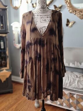 Young Fabulous & Broke Boho Grunge 90s Vibe Olive Green Tie-Dye Mini Dress S-M